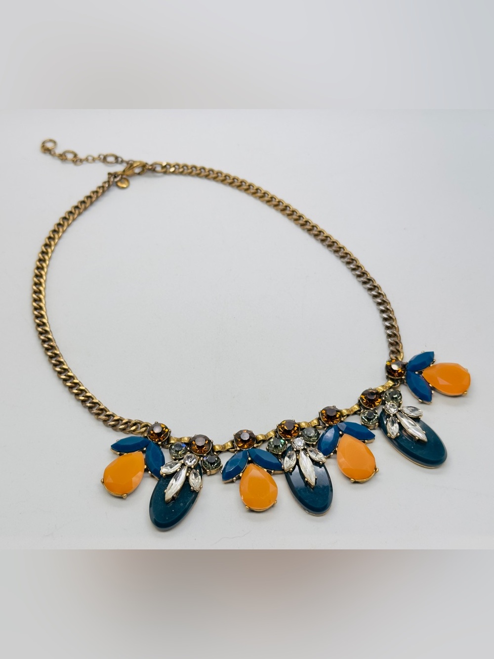 J Crew Gold Tone Brass Coral Blue Statement Necklace Rhinestone Chain